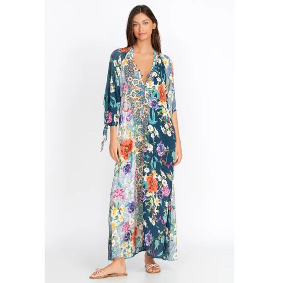 Johnny Was Sunrise Surf Swim Resort Cover Up Long Dress V Neck Flower Blue NEW - Picture 5 of 10